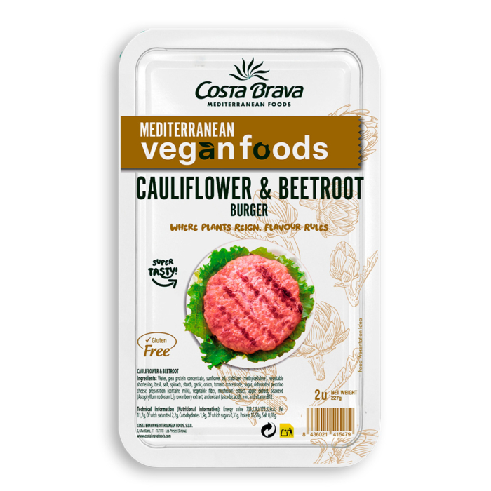 Vegan burger made with cauliflower and beetroot.