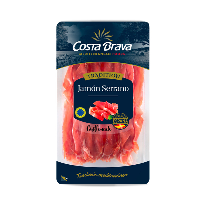 薄切りのハモン・セラーノ 100gは、スペインの美食の伝統的な製品です。