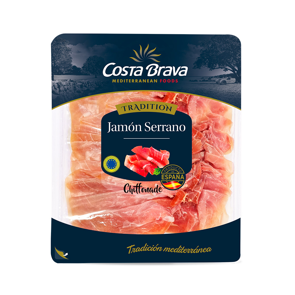 薄切りのハモン・セラーノ 250gは、スペインの美食の伝統的な製品です。