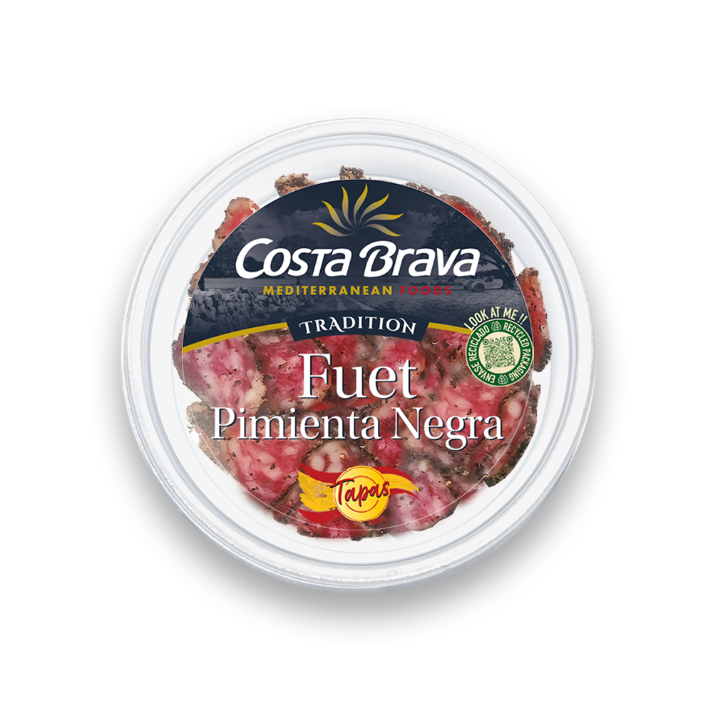Tapas de fuet extra con pimienta negra, perfecta para tomar en cualquier momento.