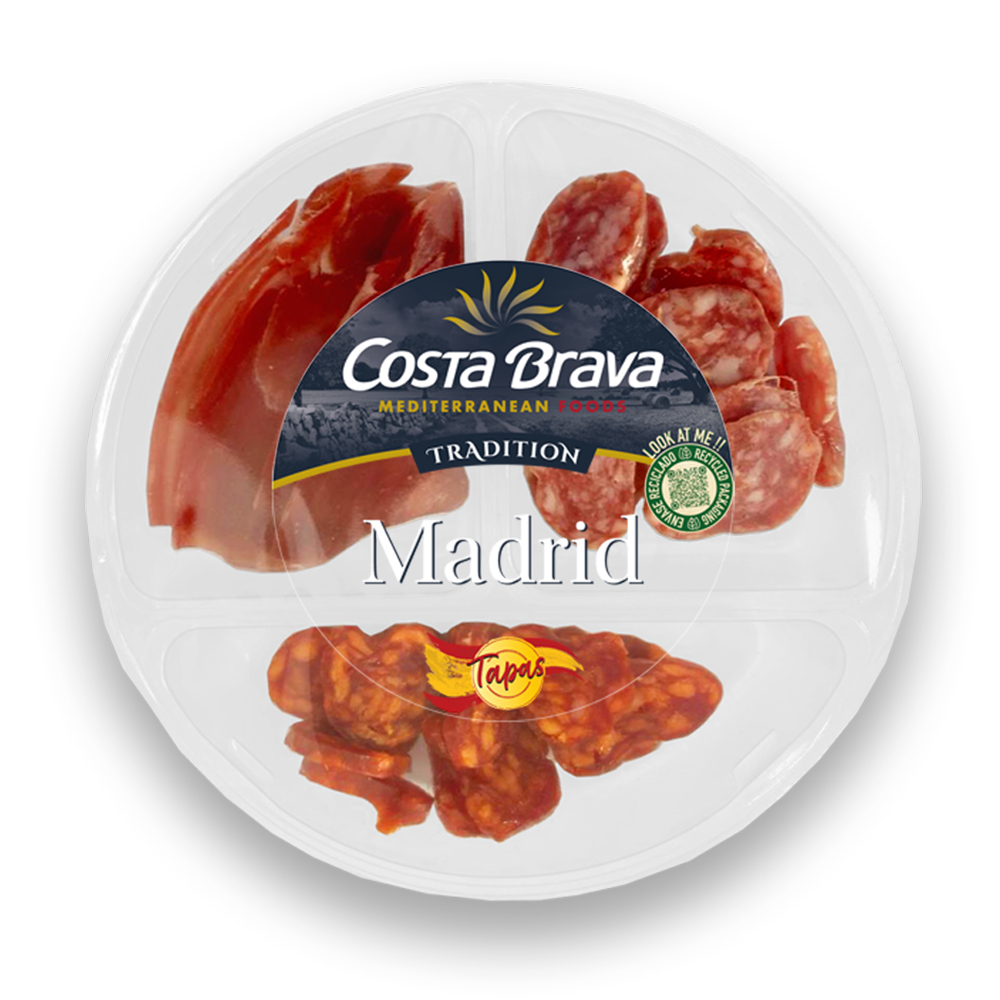 Tapas Madrid, con jamón serrano, fuet chorizo y fuet extra.