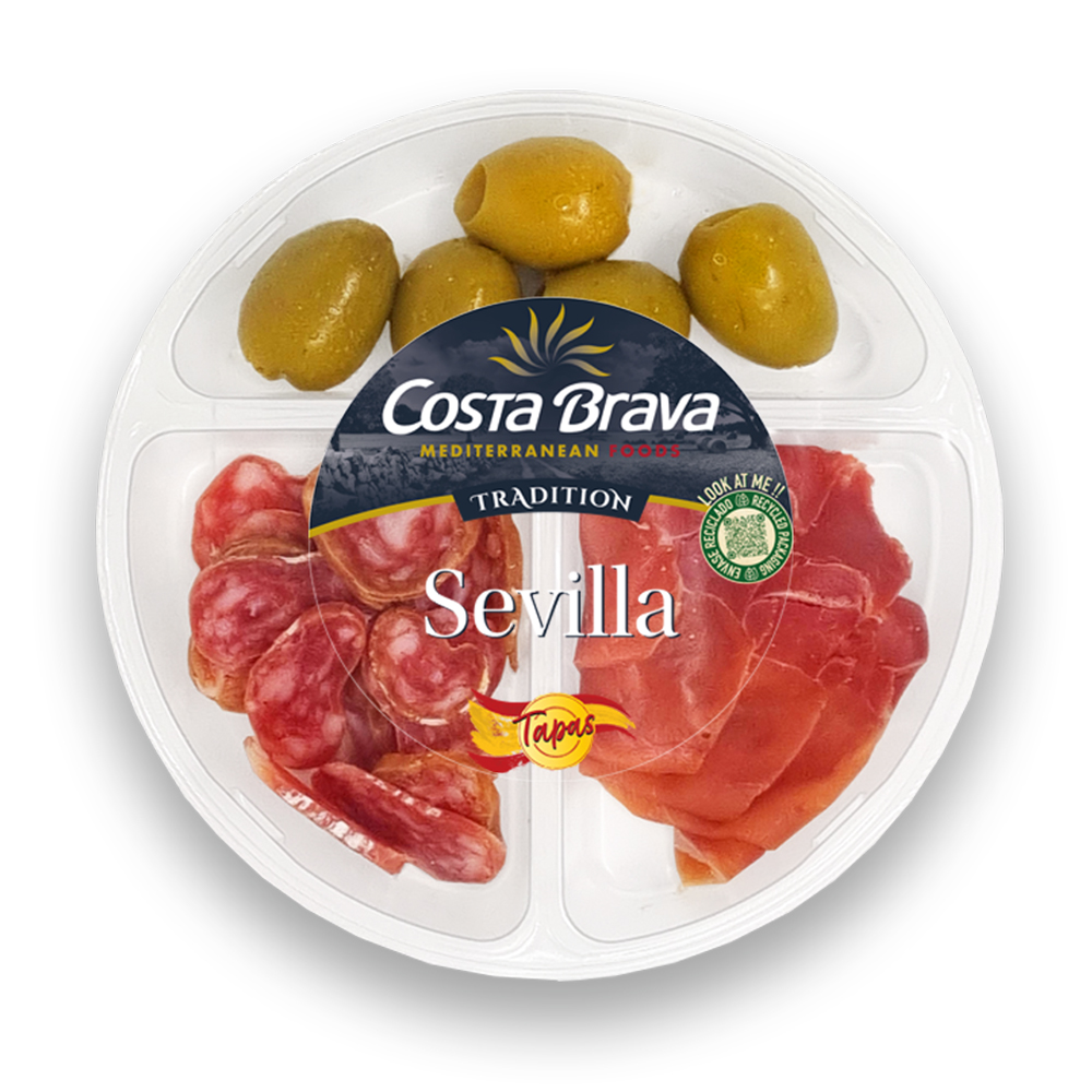 Tapas Sevilla, con fuet, jamón serrano y aceitunas.